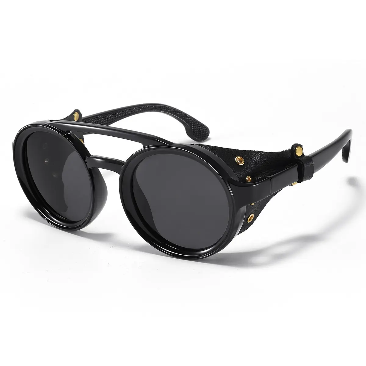 MUDIWRLO Polarized Round Steampunk Sunglasses with Leather Side Double Bridge Shield for Men Women - main product image