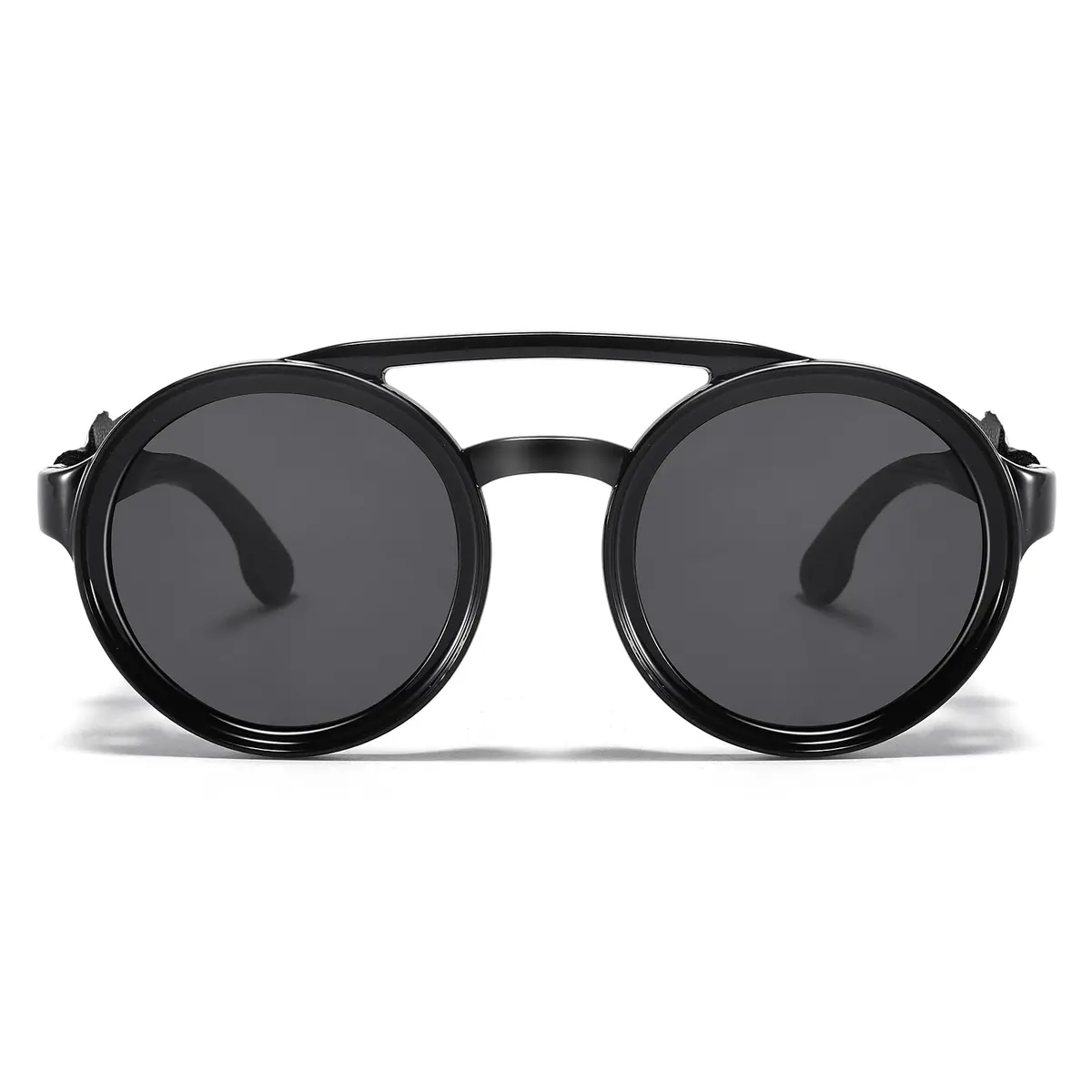 MUDIWRLO Polarized Round Steampunk Sunglasses with Leather Side Double Bridge Shield for Men Women - view 5