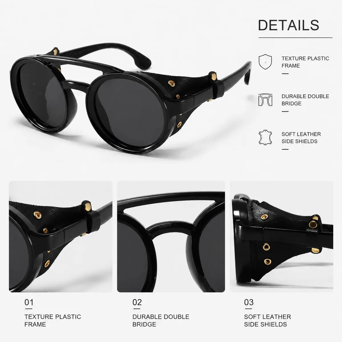 MUDIWRLO Polarized Round Steampunk Sunglasses with Leather Side Double Bridge Shield for Men Women - view 6