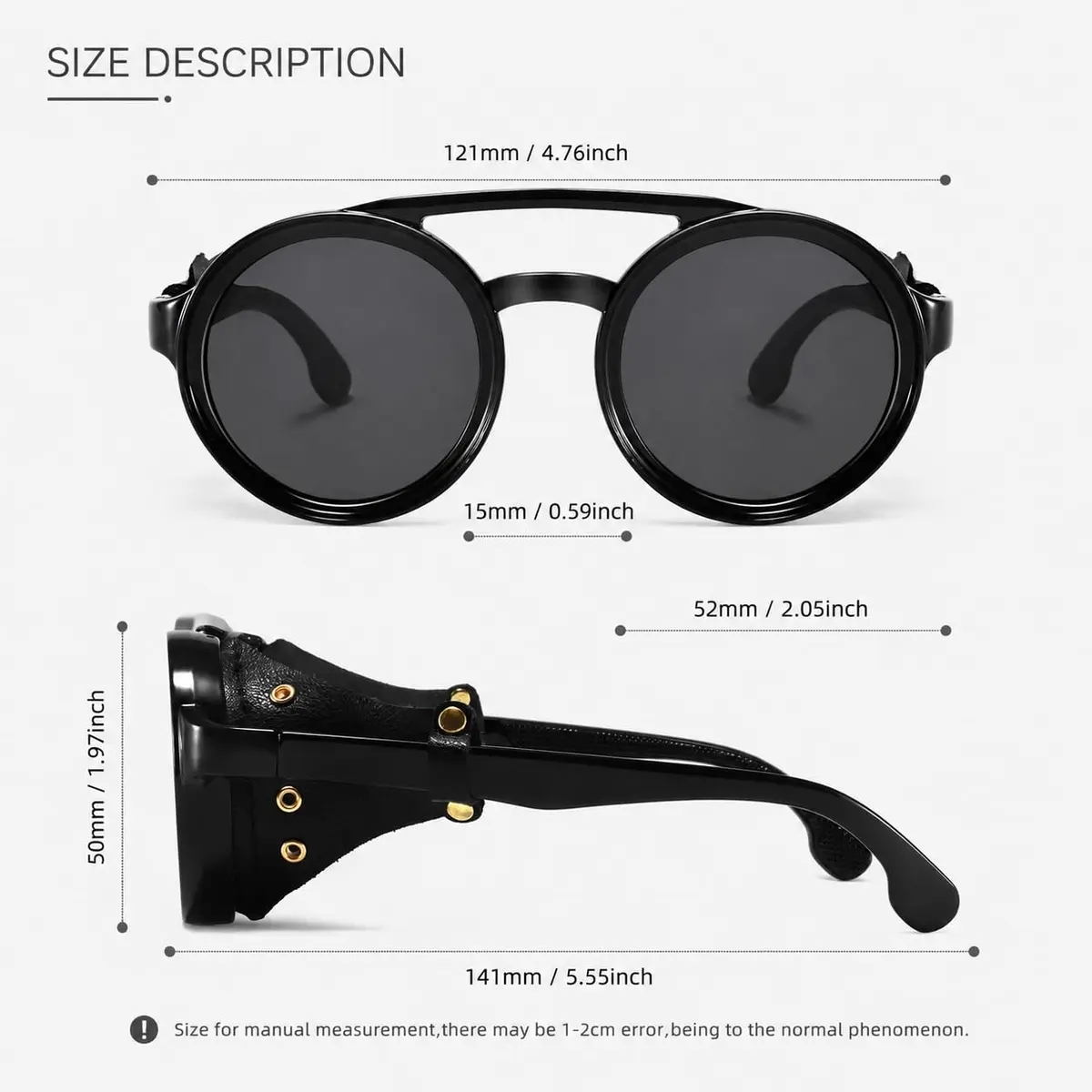 MUDIWRLO Polarized Round Steampunk Sunglasses with Leather Side Double Bridge Shield for Men Women - view 7