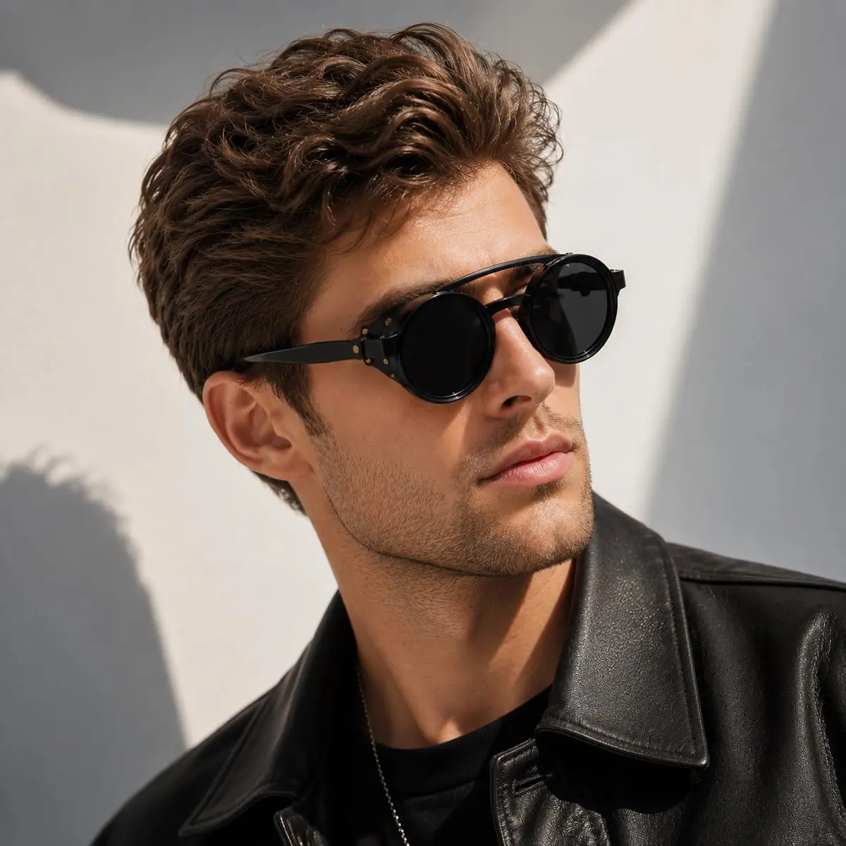 MUDIWRLO Polarized Round Steampunk Sunglasses with Leather Side Double Bridge Shield for Men Women - view 2