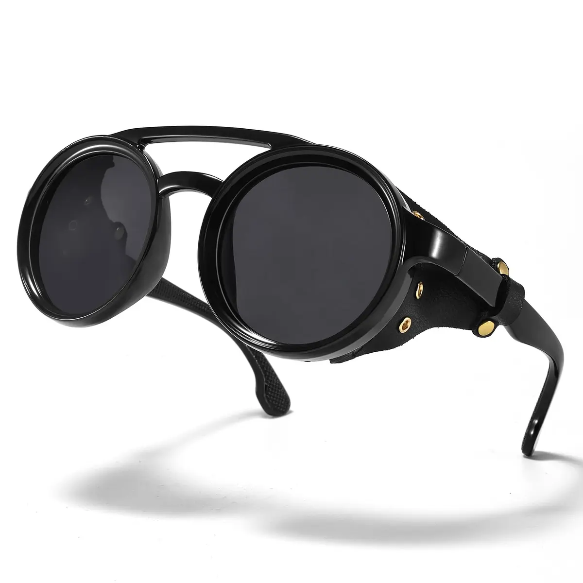 MUDIWRLO Polarized Round Steampunk Sunglasses with Leather Side Double Bridge Shield for Men Women - view 4