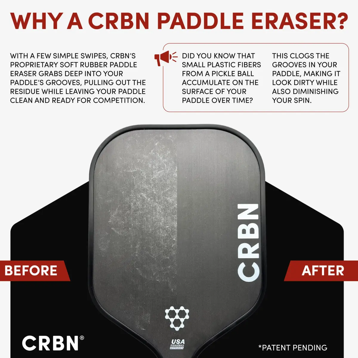 CRBN Pickleball Paddle Eraser Black 1 Pack | Cleans Carbon Fiber Racquets - view 2