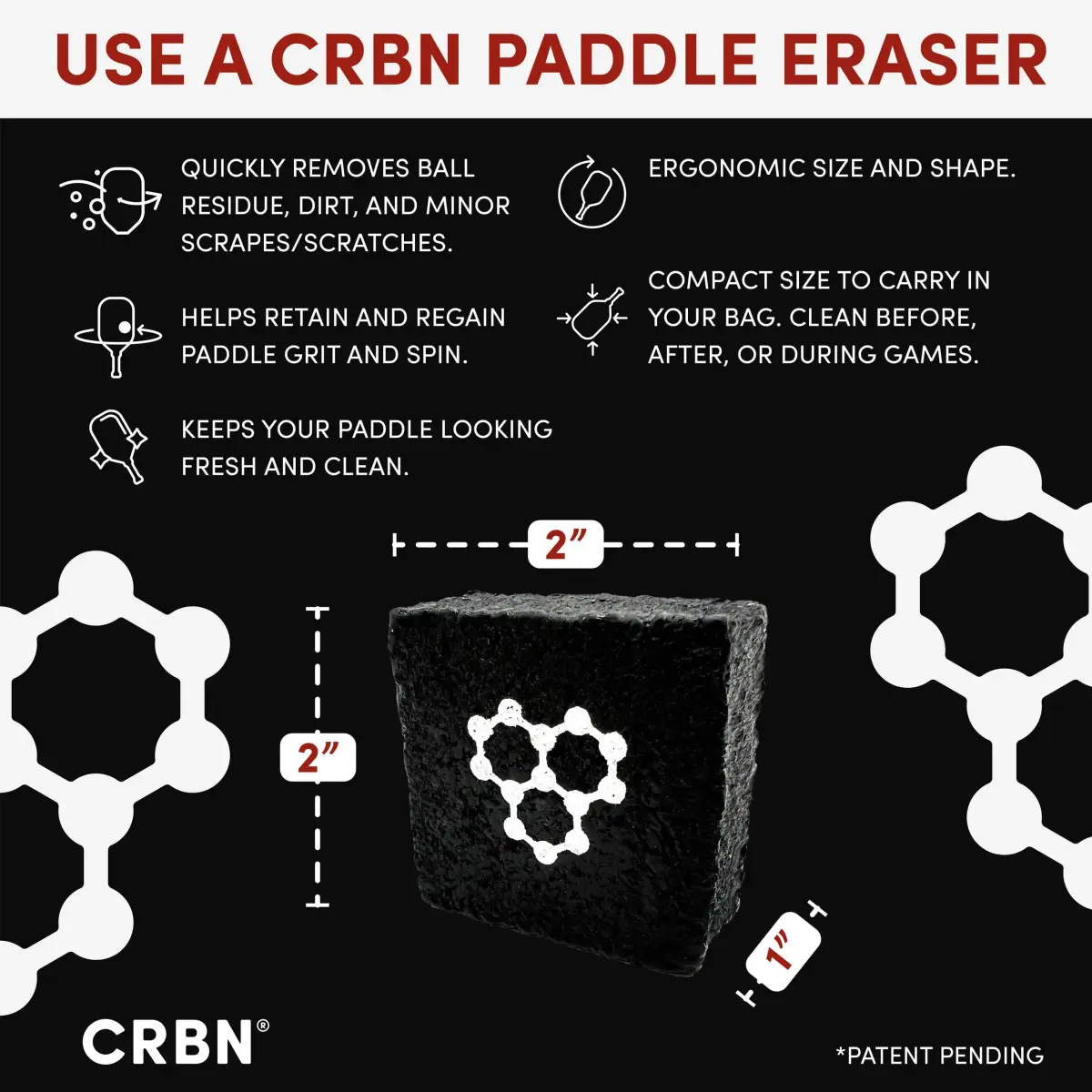 CRBN Pickleball Paddle Eraser Black 1 Pack | Cleans Carbon Fiber Racquets - view 3
