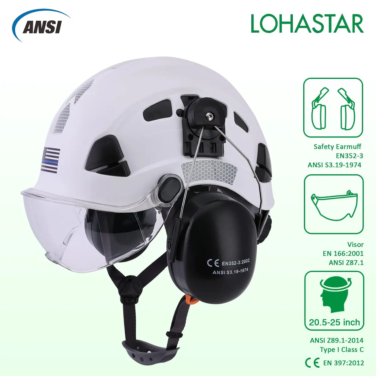 LOHASTAR Safety Helmet Hard Hat Vented ANSI Z89.1 Approved Work Hardhat for Forestry Chainsaw Tree Logging (White+Clear Visor+Earmuff) | 1 Size - view 2