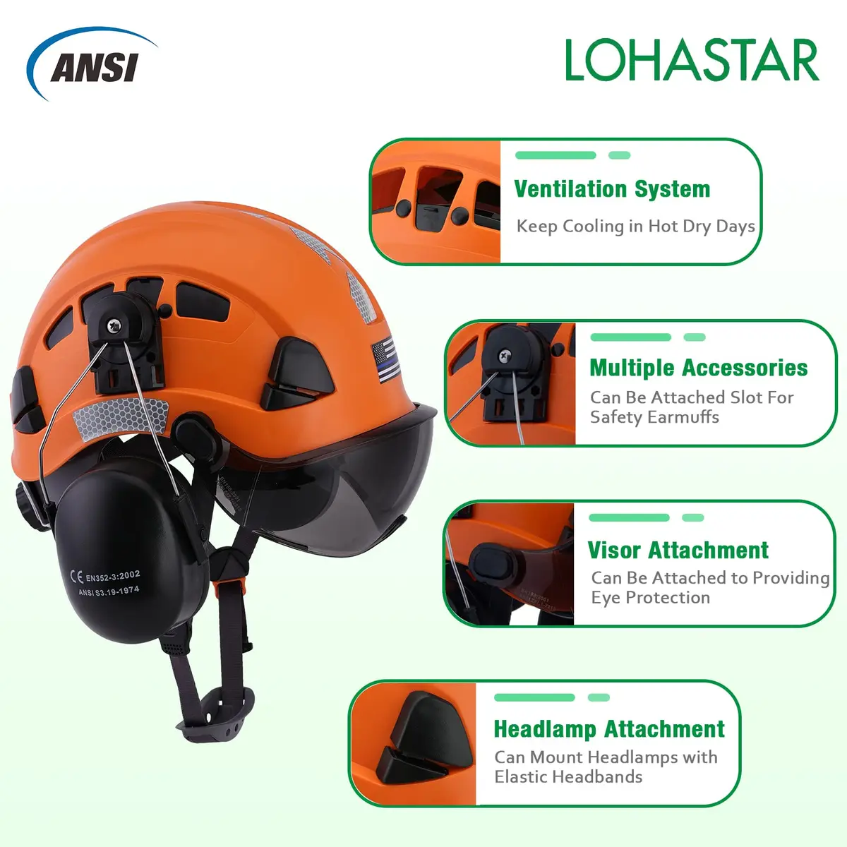 LOHASTAR Safety Helmet Hard Hat Vented ANSI Z89.1 Approved Work Hardhat for Forestry Chainsaw Arborist Tree Logging Helmet (Orange+Tinted Visor+Earmuff) | Impact-Resistant - view 2