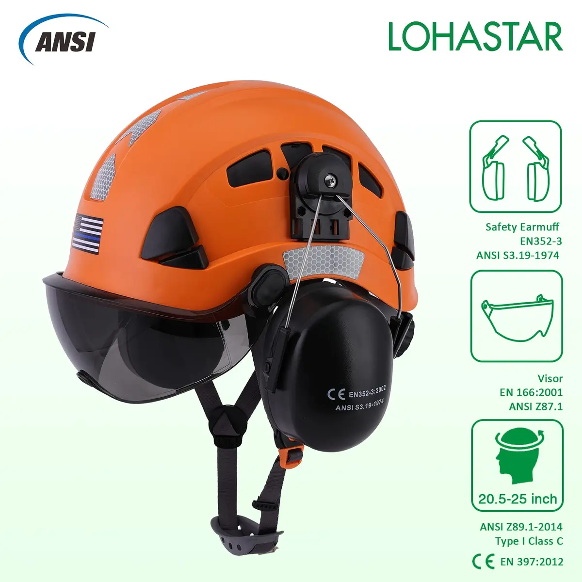 LOHASTAR Safety Helmet Hard Hat Vented ANSI Z89.1 Approved Work Hardhat for Forestry Chainsaw Arborist Tree Logging Helmet (Orange+Tinted Visor+Earmuff) | Impact-Resistant - view 3