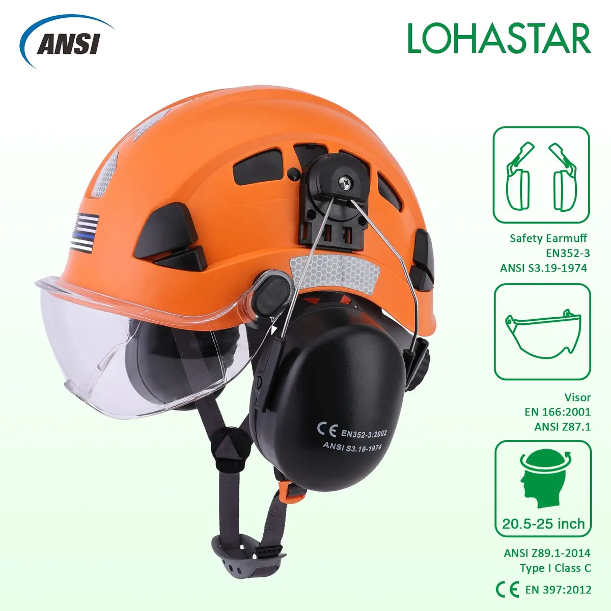 LOHASTAR Safety Hard Hat with Visor and Hearing Protection | ANSI Z89.1 Approved Work Helmet for Forestry, Chainsaw, Logging - Orange - view 2