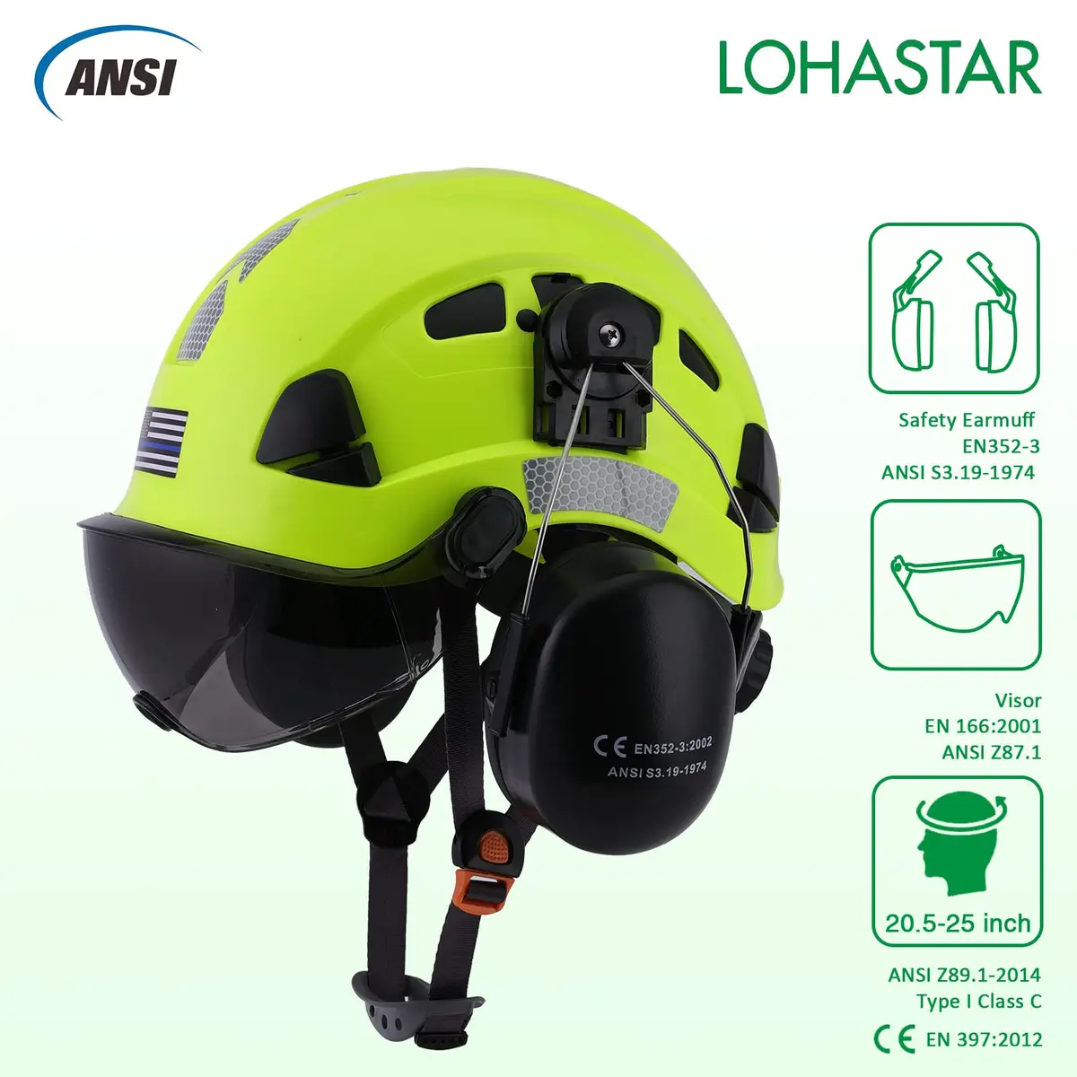 LOHASTAR Safety Helmet Hard Hat Vented ANSI Z89.1 Approved Work Hardhat for Forestry Chainsaw Tree Logging (Green+Tinted Visor+Earmuff) | Impact-Resistant - view 2