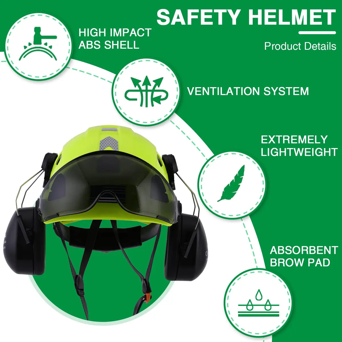 LOHASTAR Safety Helmet Hard Hat Vented ANSI Z89.1 Approved Work Hardhat for Forestry Chainsaw Tree Logging (Green+Tinted Visor+Earmuff) | Impact-Resistant - view 3