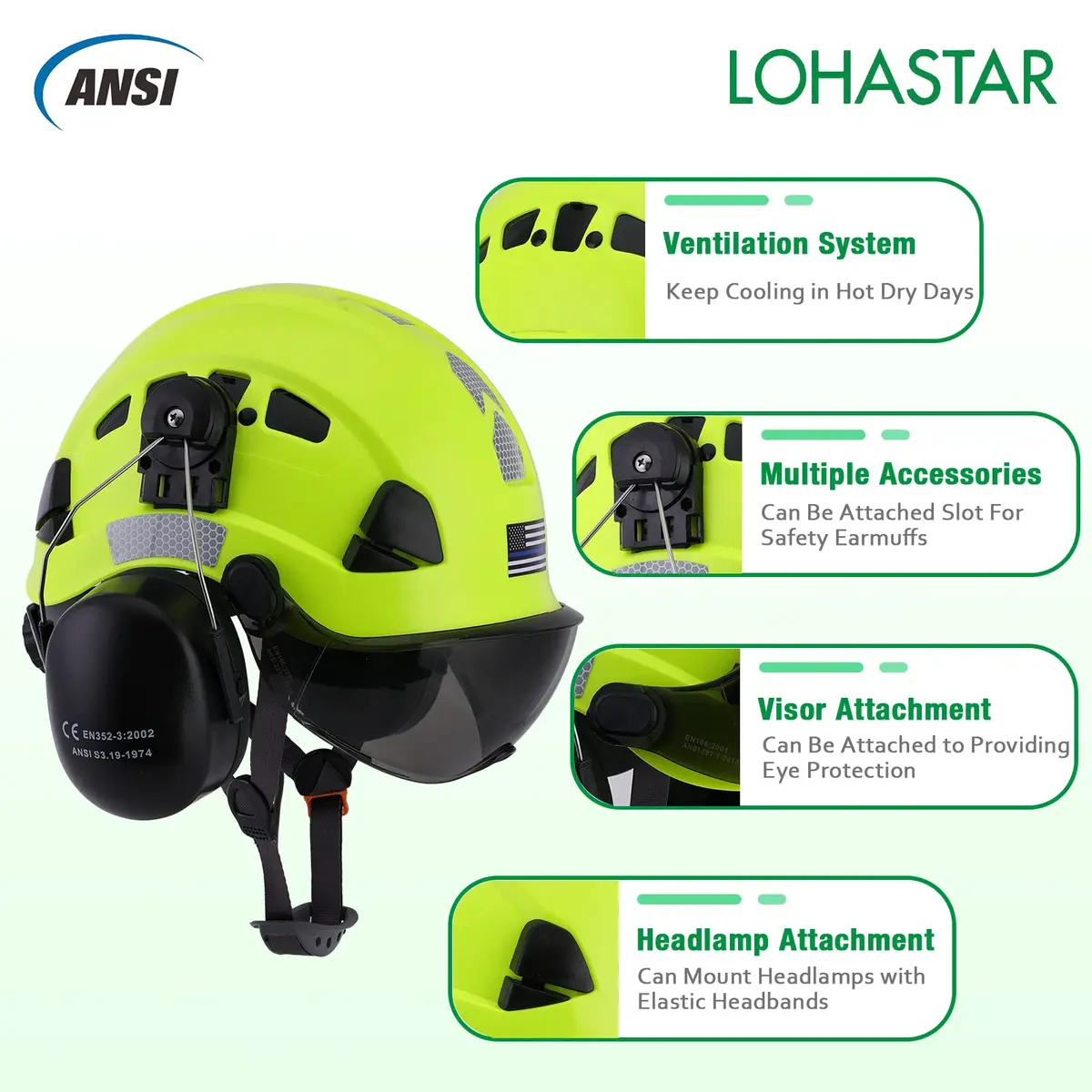 LOHASTAR Safety Helmet Hard Hat Vented ANSI Z89.1 Approved Work Hardhat for Forestry Chainsaw Tree Logging (Green+Tinted Visor+Earmuff) | Impact-Resistant - view 4