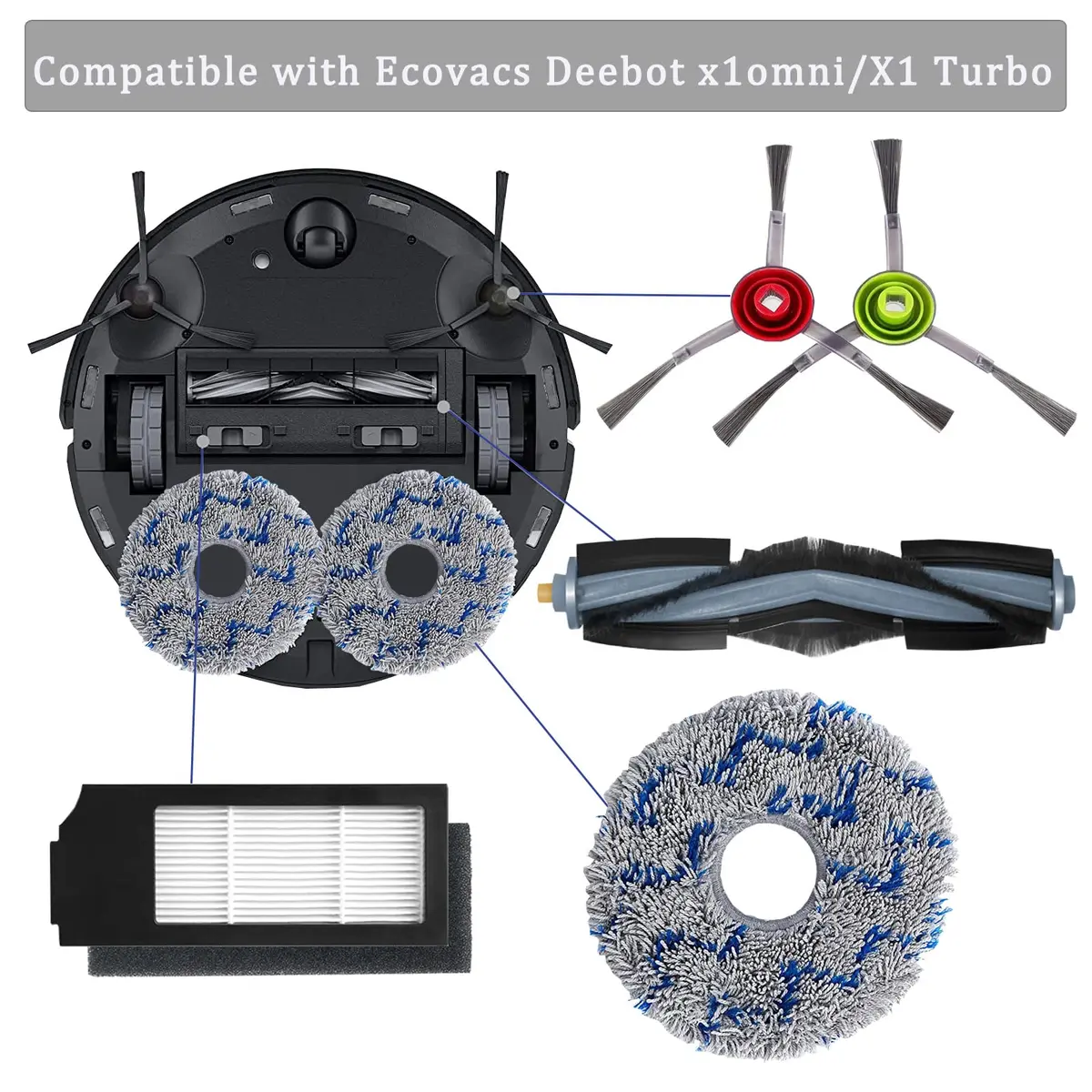 GYLBF Replacement Parts Kit for Ecovacs Deebot X1 Omni / T10 Omni / X1 Turbo Vacuum Cleaner | 1 Main Brush, 4 HEPA Filters, 6 Sidebrushes, 4 Mop Pads - view 2