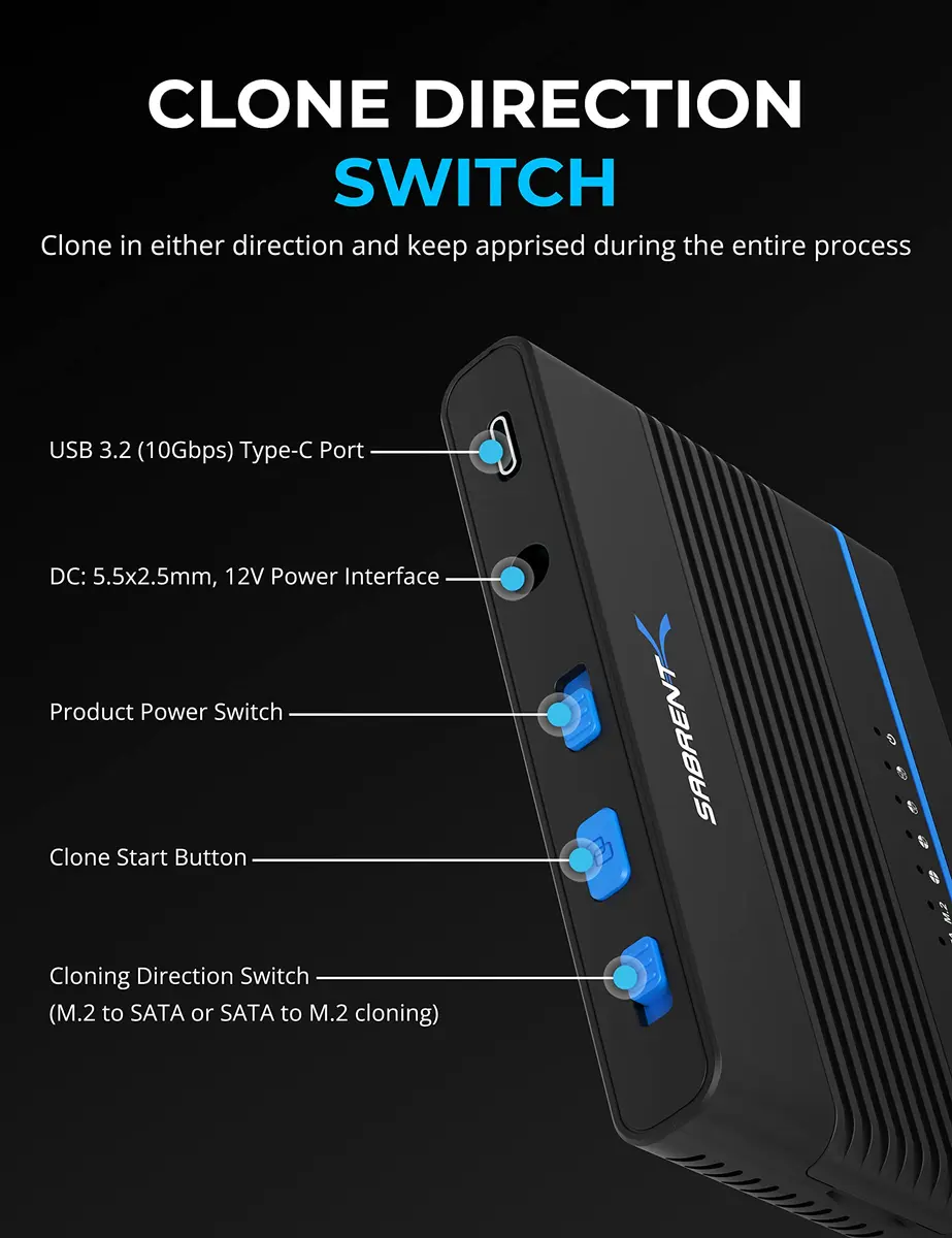 SABRENT USB-C M.2 NVMe + 2.5/3.5in SATA SSD/HDD Adapter (DS-UCMH) 40g (1.4oz) | Tool-Free Cloning & 10Gbps Transfer - view 3