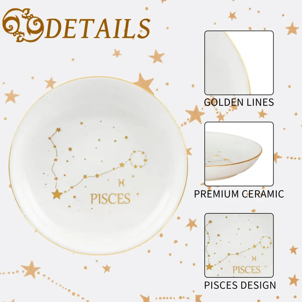 Homlouue Pisces Zodiac Ring Dish 10.9cm (4.3") | Ceramic Astrology Jewelry Organizer Tray for Women Girls - view 4