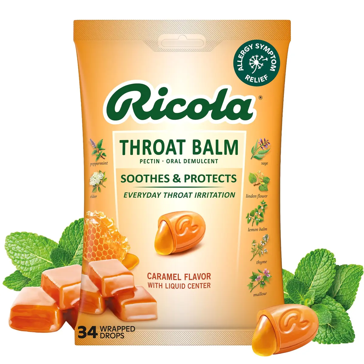 Ricola Throat Balm Caramel Flavor Herbal Throat Drops - 136 Count | Swiss Alpine Herbs & Honey Liquid Center - main product image