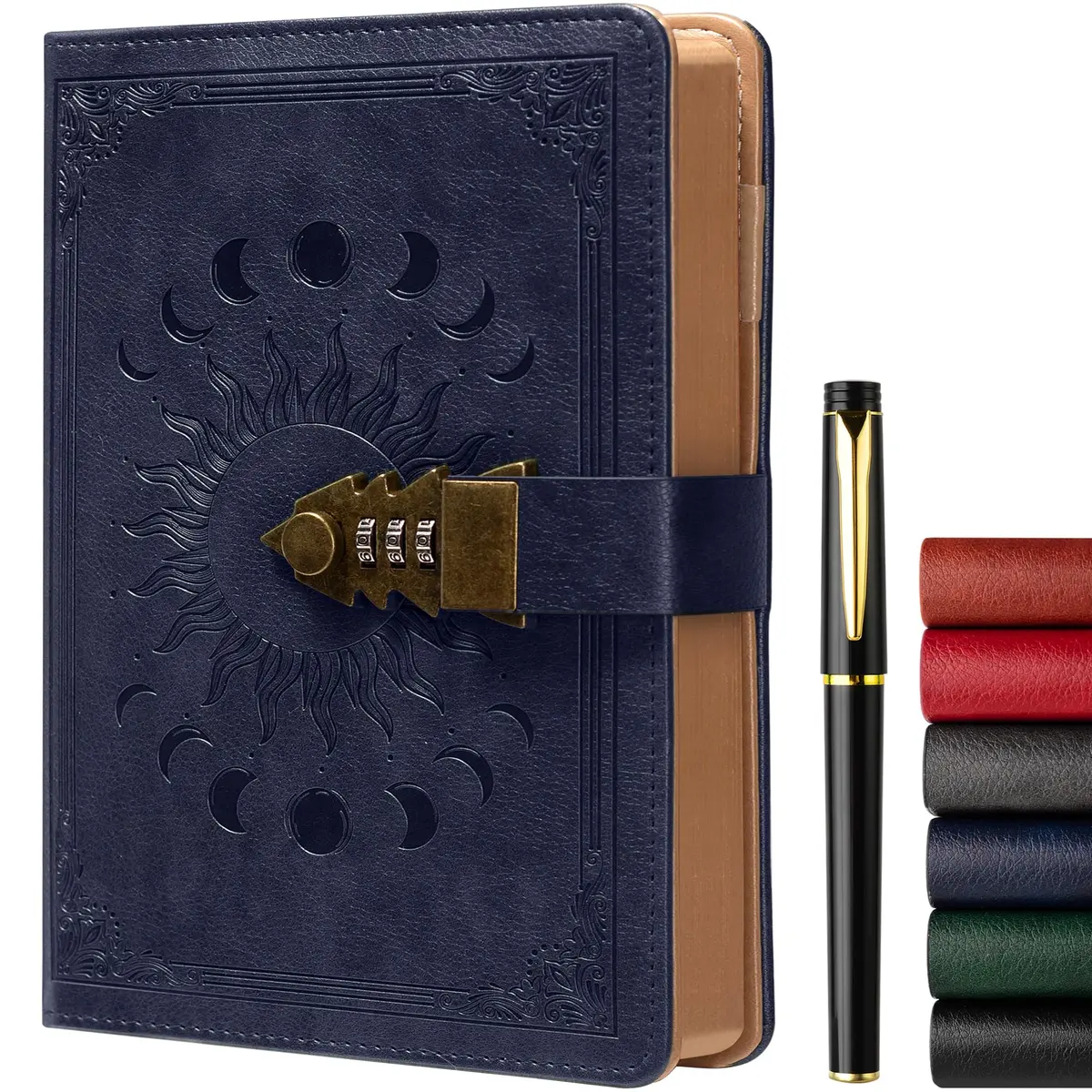 ZXHQ Lock Diary for Women & Men, A5 240 Pages Lockable Journal with Pen, Vintage Edge Design, Refillable Leather Journal Writing Notebook, Size A5(8.5 × 5.9 Inch) Dark Blue - main product image