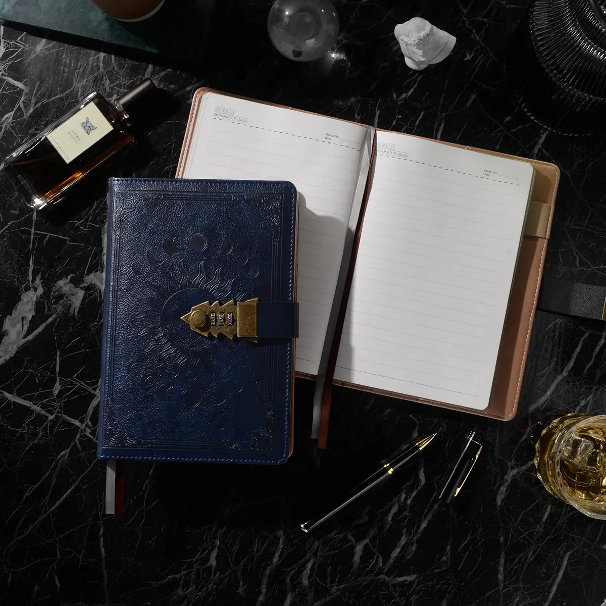 ZXHQ Lock Diary for Women & Men, A5 240 Pages Lockable Journal with Pen, Vintage Edge Design, Refillable Leather Journal Writing Notebook, Size A5(8.5 × 5.9 Inch) Dark Blue - view 4