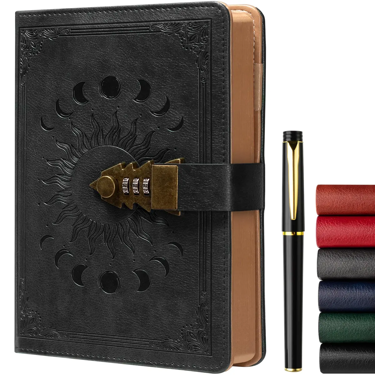 ZXHQ A5 Lock Diary with Pen Set, 260 Pages Refillable Leather Hardcover, 15.6 x 23 cm (5.9 x 8.5 inch) | Secure Password Lock for Privacy - main product image