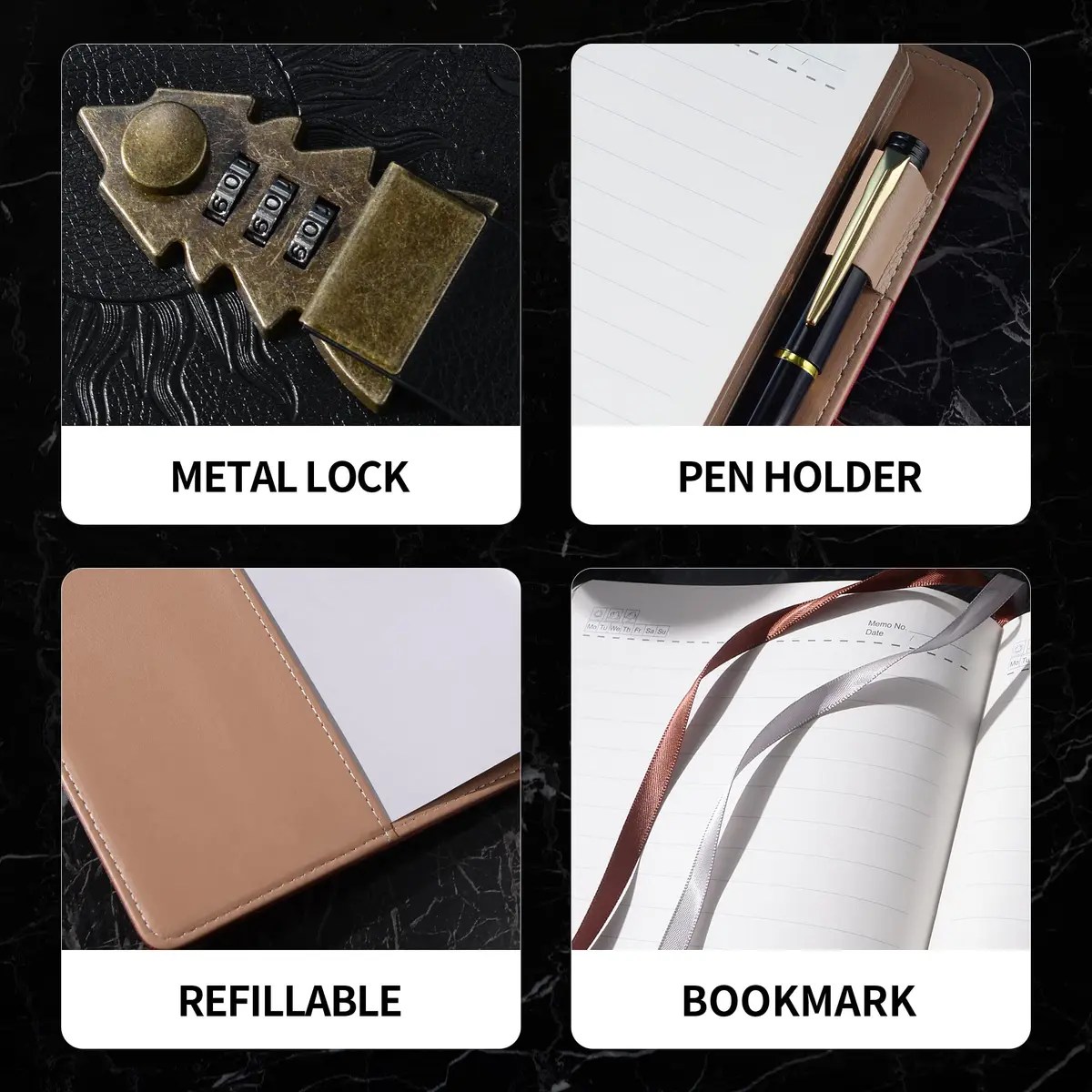 ZXHQ A5 Lock Diary with Pen Set, 260 Pages Refillable Leather Hardcover, 15.6 x 23 cm (5.9 x 8.5 inch) | Secure Password Lock for Privacy - view 5