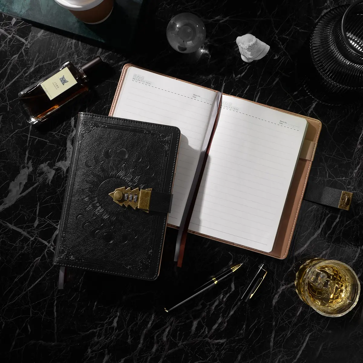 ZXHQ A5 Lock Diary with Pen Set, 260 Pages Refillable Leather Hardcover, 15.6 x 23 cm (5.9 x 8.5 inch) | Secure Password Lock for Privacy - view 3