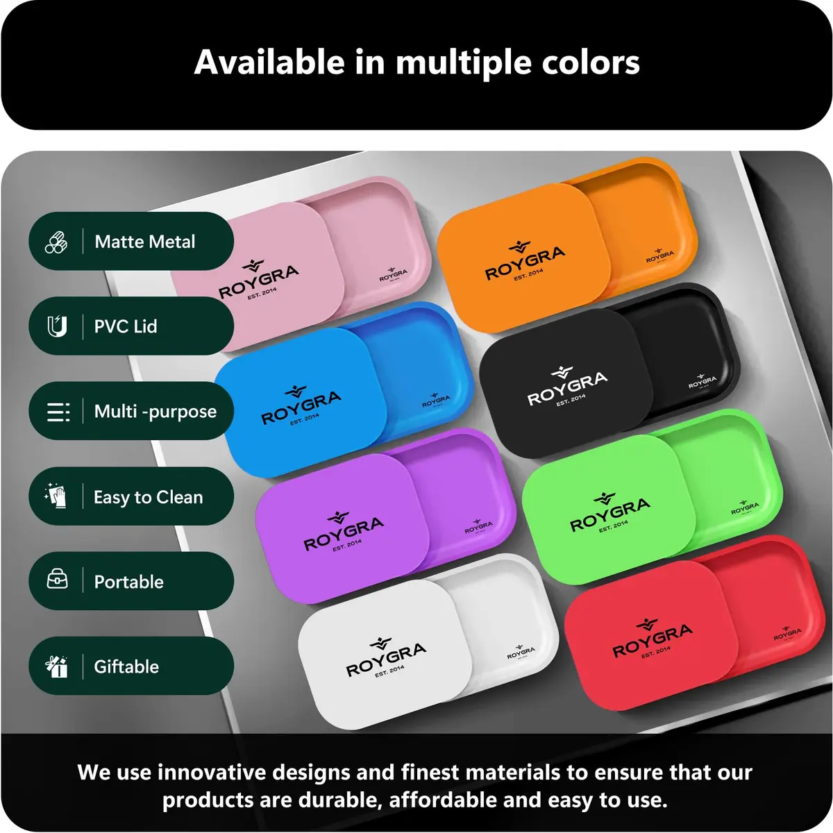 roygra Rolling Tray with Magnetic Lid | Durable Metal Desktop Storage Tray 7 x 5.5 inches - view 5