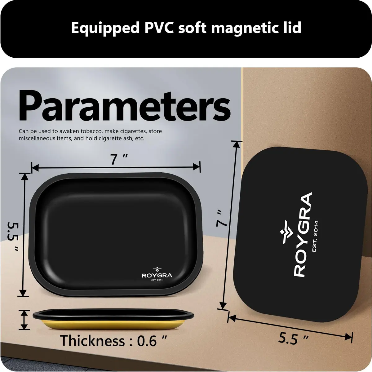 roygra Rolling Tray with Magnetic Lid | Durable Metal Desktop Storage Tray 7 x 5.5 inches - view 2