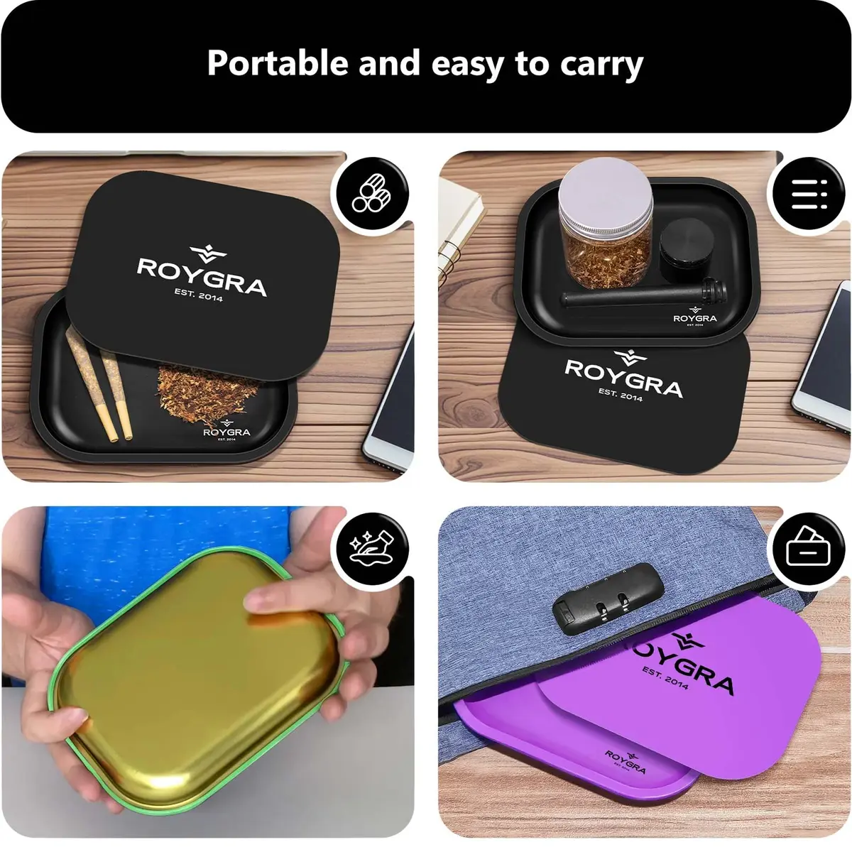 roygra Rolling Tray with Magnetic Lid | Durable Metal Desktop Storage Tray 7 x 5.5 inches - view 3