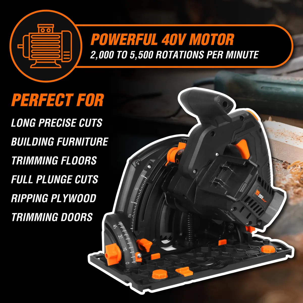 WEN 20V Max Cordless 6.5-Inch Track Saw, Brushless, Variable Speed, Tool Only (20691BT) | Precise Cuts for Wood & DIY - view 3