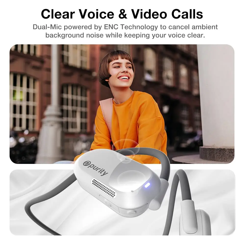 Purity Air Open Ear Headphones True Wireless Bluetooth Earbuds with Dual Mic | Secured Long Wearing Comfort, Sports Sweat Resistant (White/Grey) - view 4