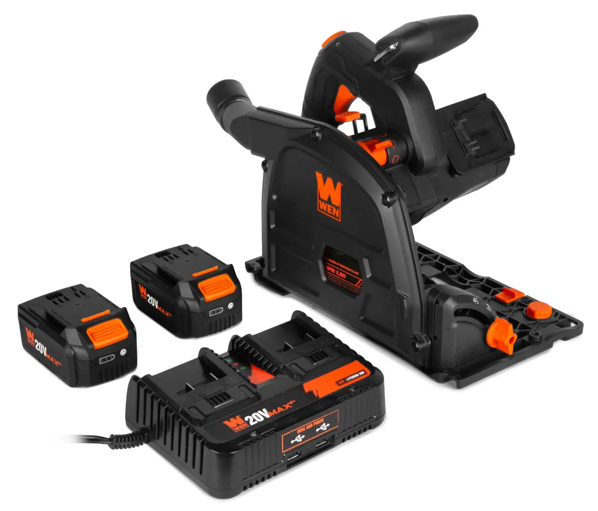 WEN 20V Max Cordless 6.5-Inch Track Saw | Brushless, Variable Speed, Two 4.0 Ah Batteries - main product image