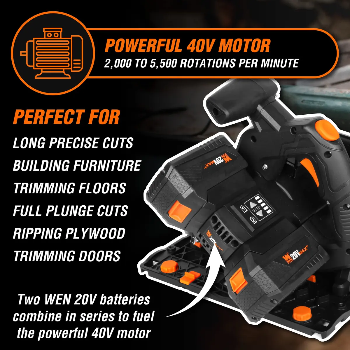 WEN 20V Max Cordless 6.5-Inch Track Saw | Brushless, Variable Speed, Two 4.0 Ah Batteries - view 3