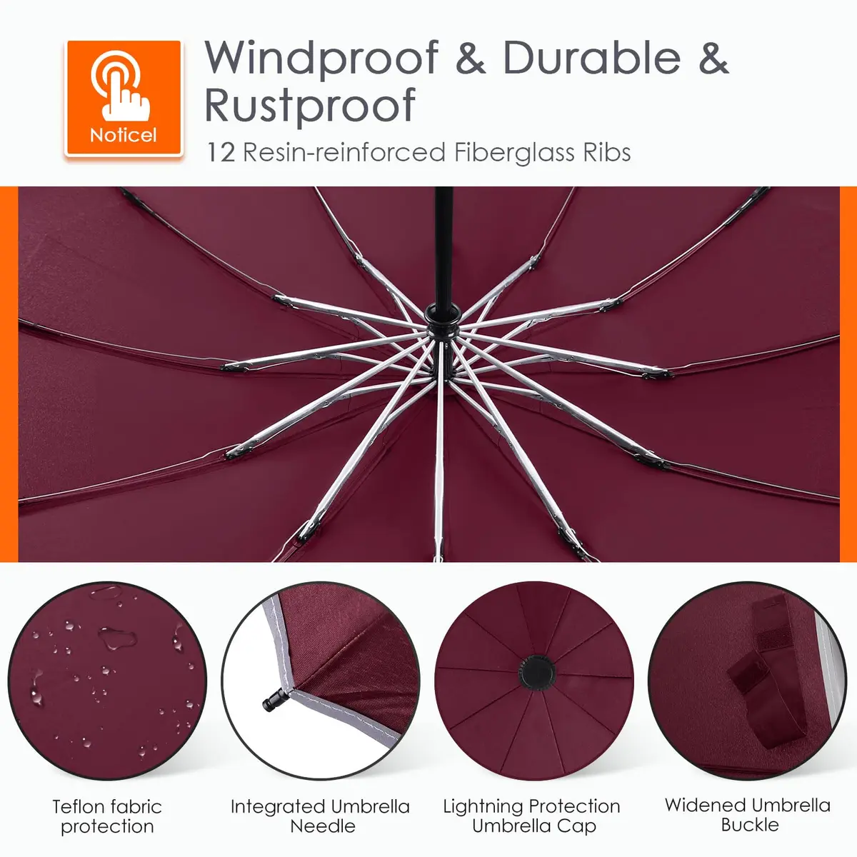 Bodyguard Inverted Umbrella 46 IN Windproof Rain Sun Travel Compact Reflective Burgundy - view 3
