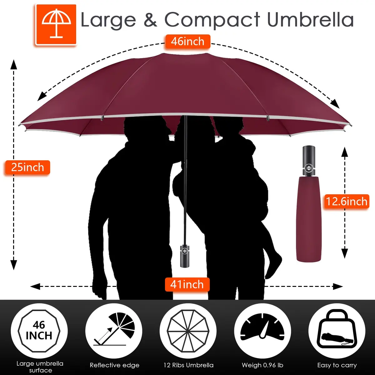 Bodyguard Inverted Umbrella 46 IN Windproof Rain Sun Travel Compact Reflective Burgundy - view 4