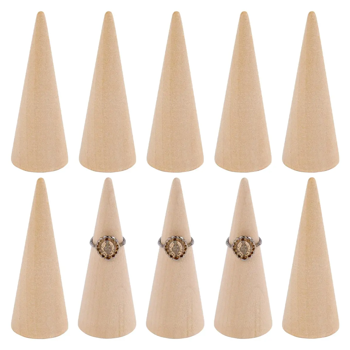 AUEAR 10 Pack Wooden Cone Ring Display Holder, 3cm (1.18") x 8cm (3.15") | Natural Wood Finger Jewelry Stand - view 9