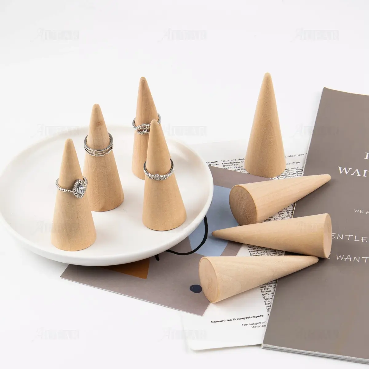 AUEAR 10 Pack Wooden Cone Ring Display Holder, 3cm (1.18") x 8cm (3.15") | Natural Wood Finger Jewelry Stand - view 2
