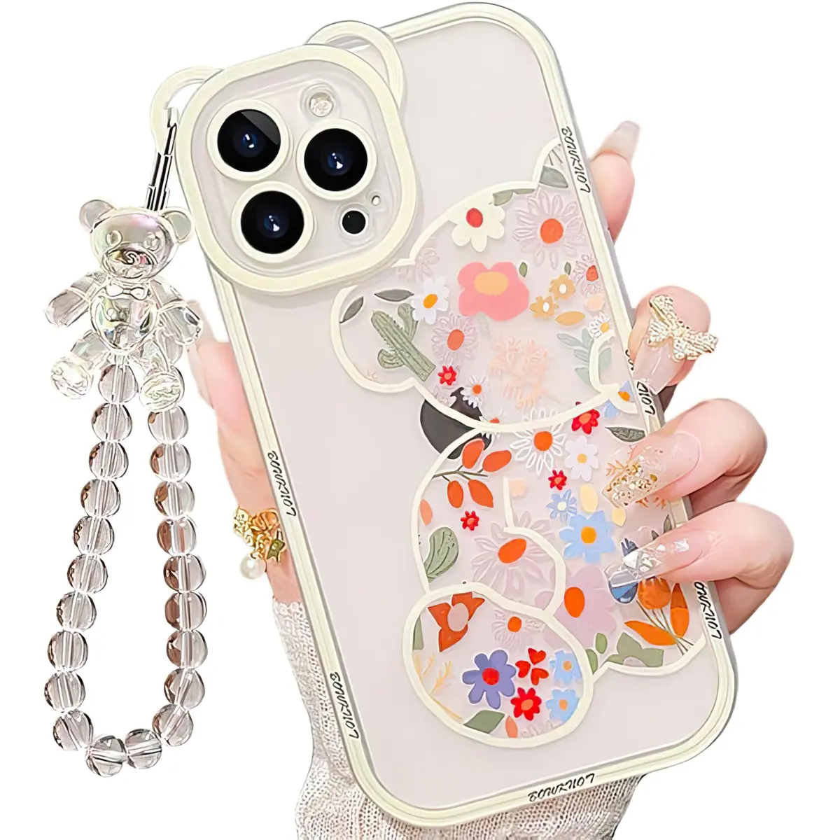 IAIYOXI iPhone 13 Case with Cute Flowers & Bear Pattern | Camera Protector & Strap Chain (Clear) - main product image