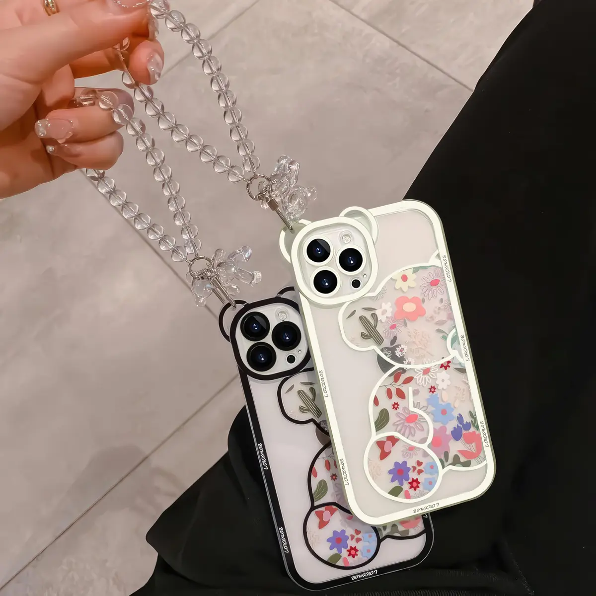 IAIYOXI iPhone 13 Case with Cute Flowers & Bear Pattern | Camera Protector & Strap Chain (Clear) - view 5