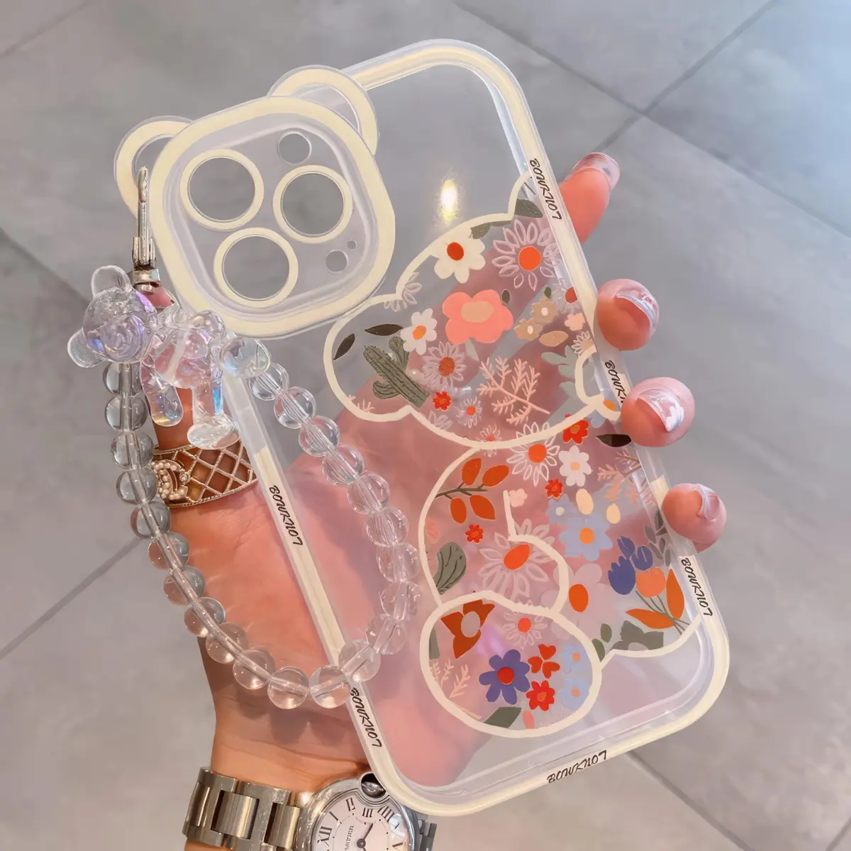 IAIYOXI iPhone 13 Case with Cute Flowers & Bear Pattern | Camera Protector & Strap Chain (Clear) - view 6