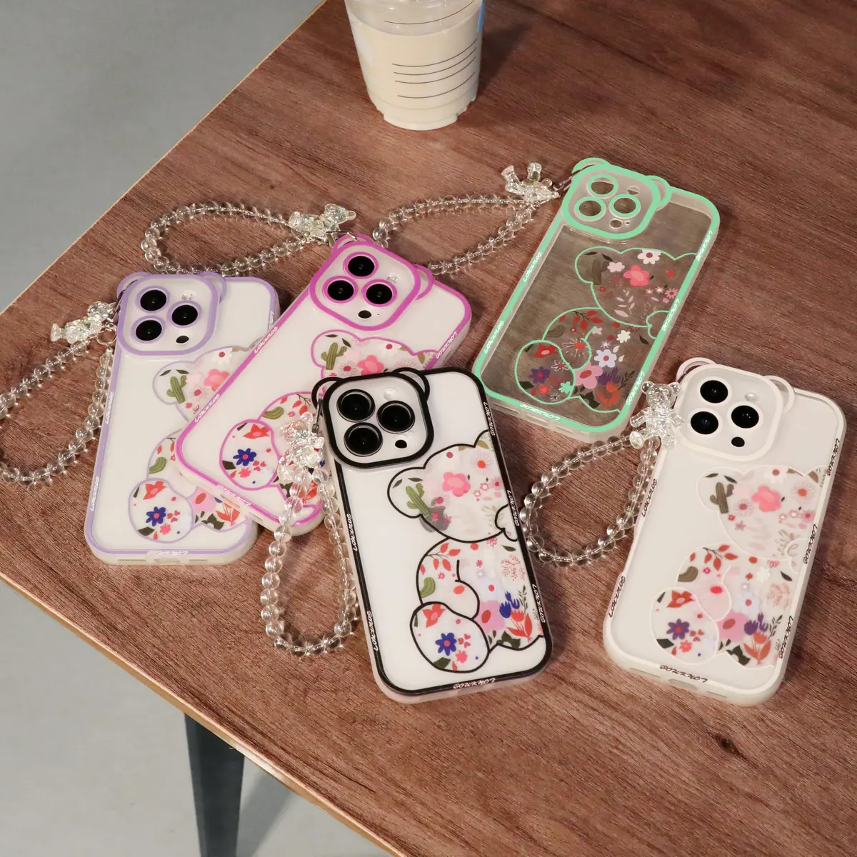 IAIYOXI iPhone 13 Case with Cute Flowers & Bear Pattern | Camera Protector & Strap Chain (Clear) - view 7