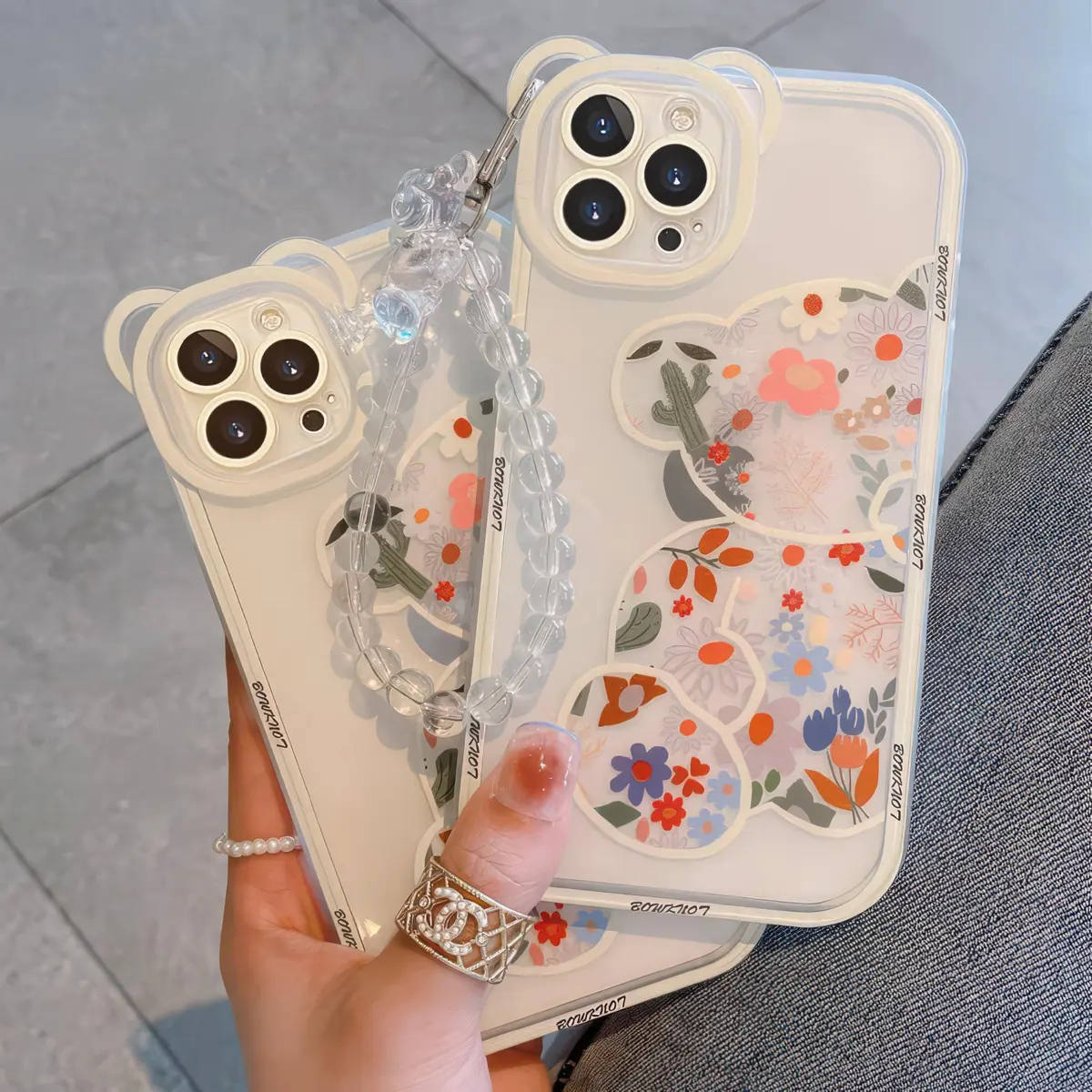 IAIYOXI iPhone 13 Case with Cute Flowers & Bear Pattern | Camera Protector & Strap Chain (Clear) - view 2