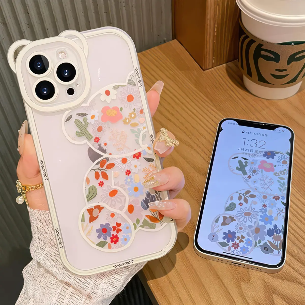 IAIYOXI iPhone 13 Case with Cute Flowers & Bear Pattern | Camera Protector & Strap Chain (Clear) - view 4