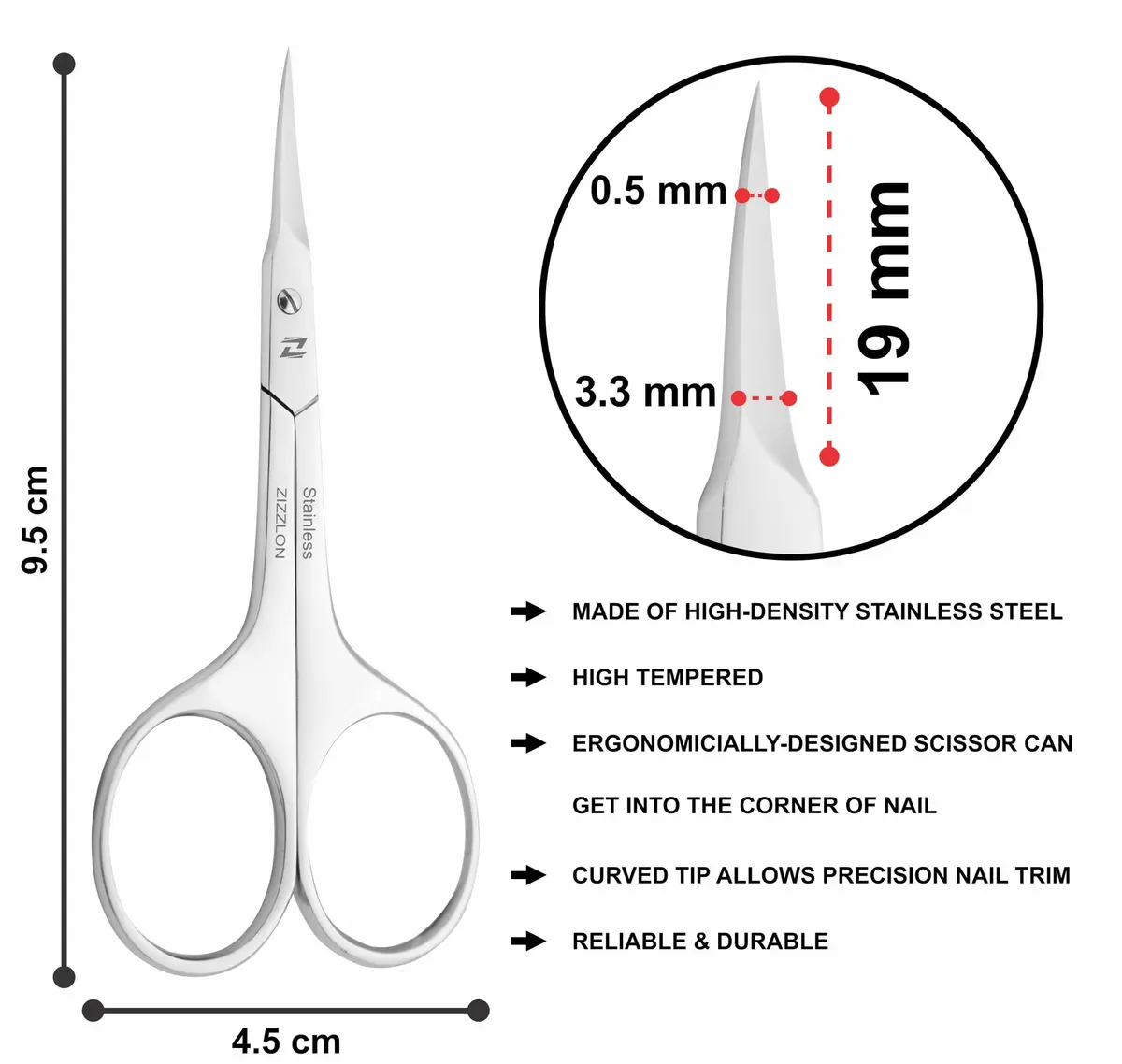 ZIZZLON Extra Fine Curved Blade Cuticle Scissors | Precision Nail Trimming Tool (19mm Blade) - view 6