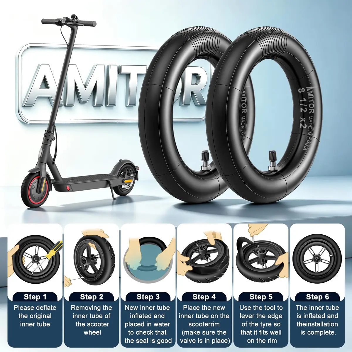 Amitor 8 1/2 x 2 Scooter Inner Tube with Straight Valve | Pressure-Resistant, Extra Thick Inflatable Tire for Xiaomi Pro 2 1S M365 - view 7