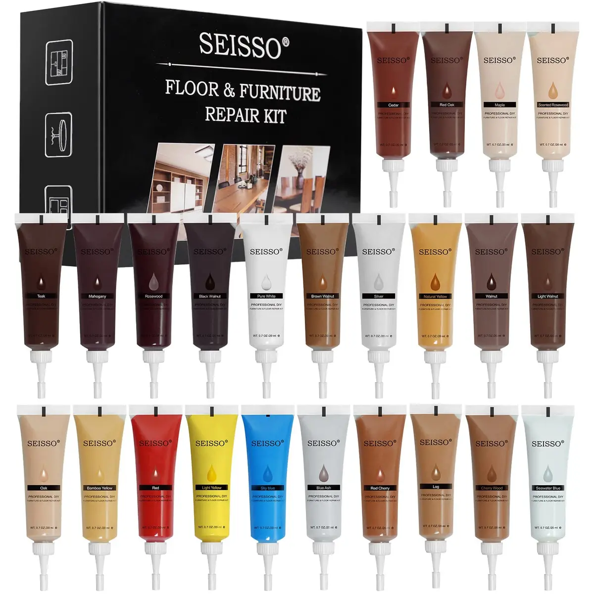 SEISSO Furniture Repair Kit, 24 Colors | Wood Scratch Cover & Filler for Wooden Floors & Furniture - main product image