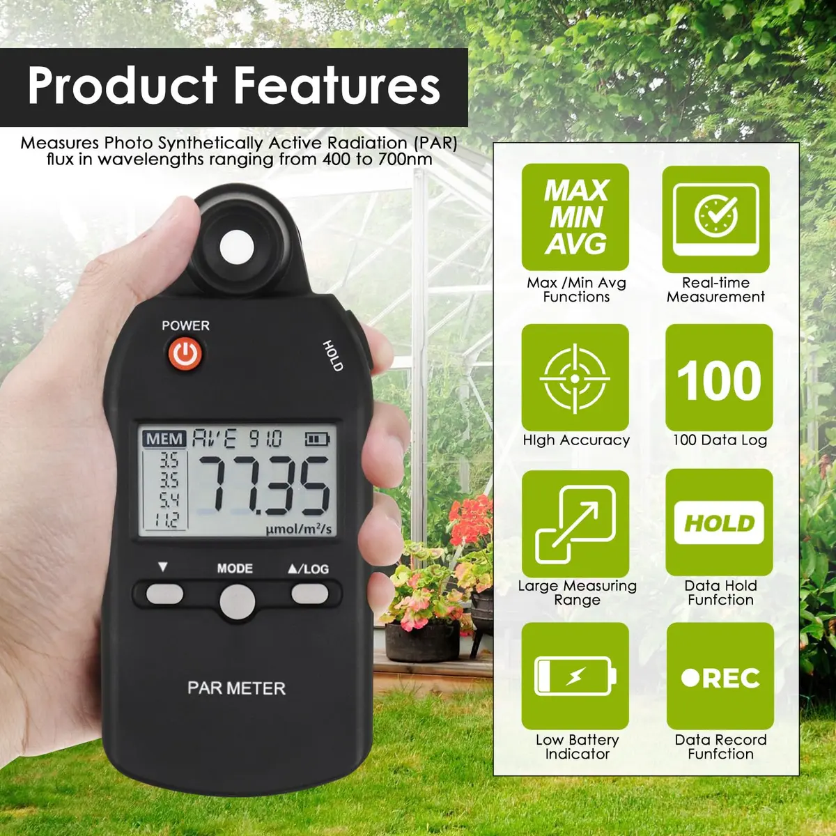 Landtek PAR Meter for LED Grow Lights, High Precision Quantum Sensor PPFD Tester 400-700nm | 18.8cm (7.4in) Length - view 2
