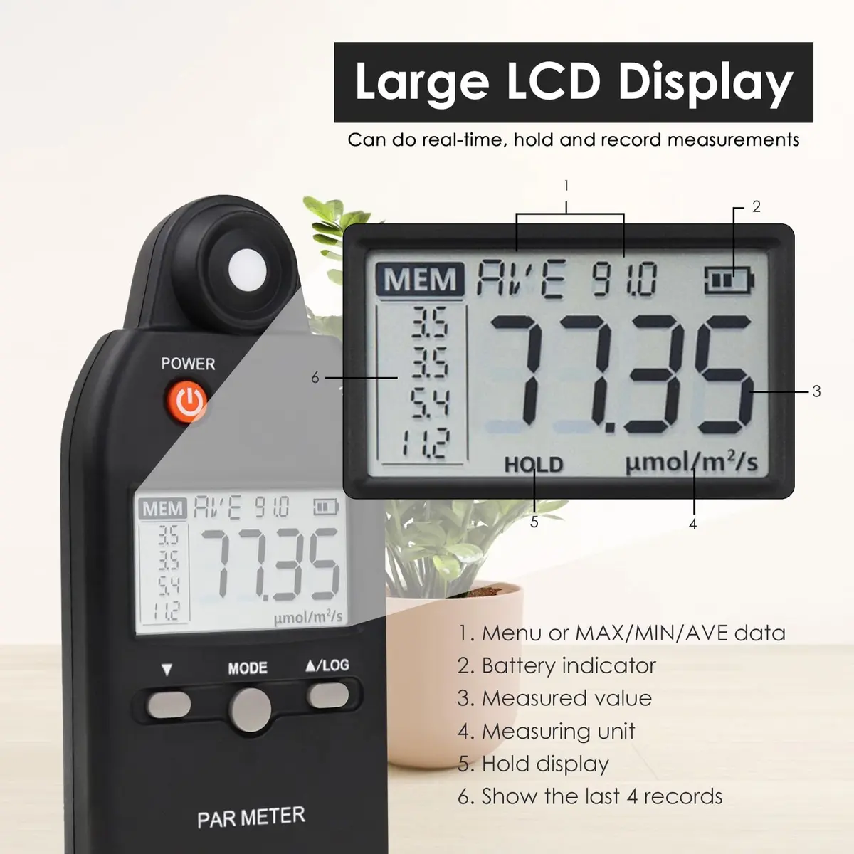 Landtek PAR Meter for LED Grow Lights, High Precision Quantum Sensor PPFD Tester 400-700nm | 18.8cm (7.4in) Length - view 3