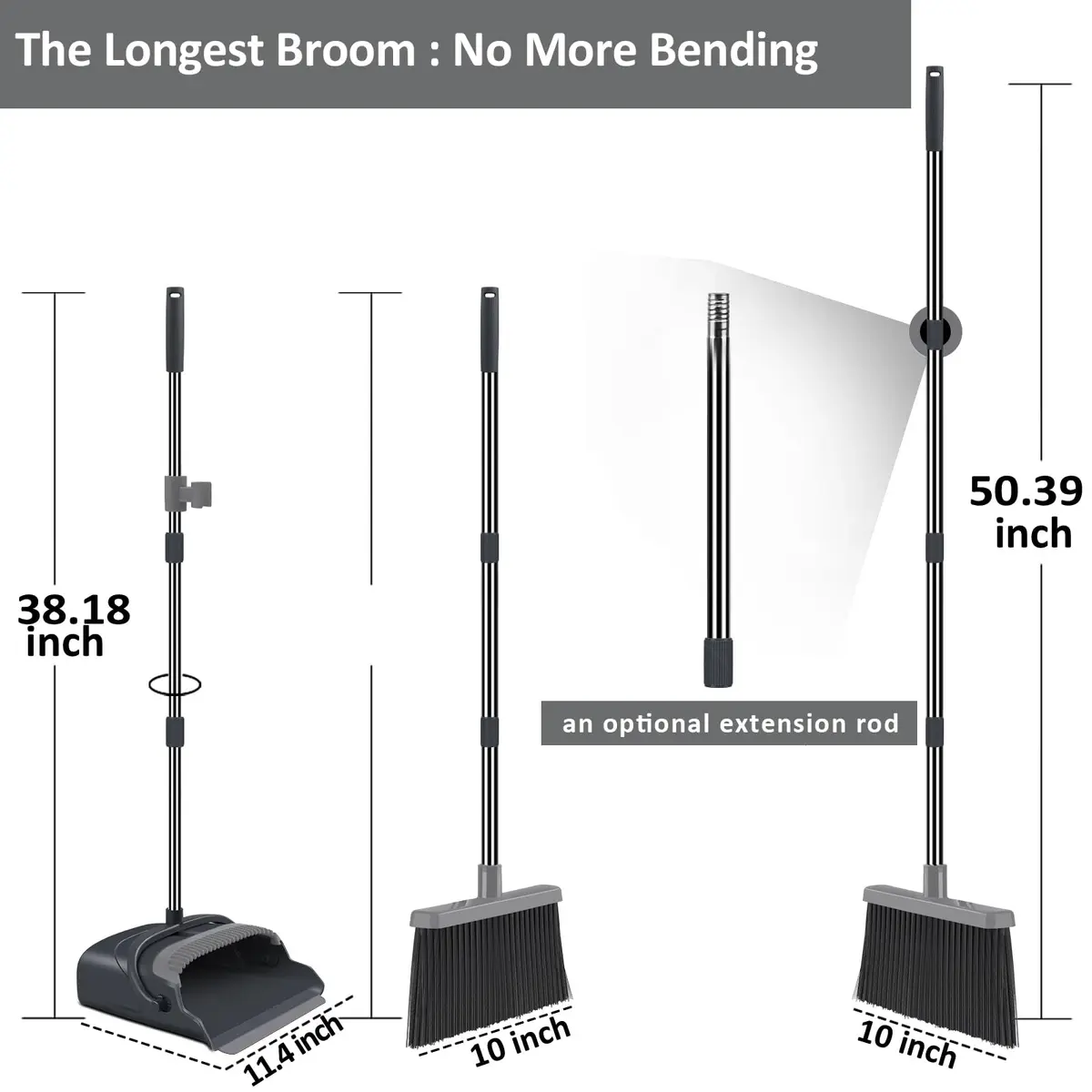 kelamayi Extendable Broom and Dustpan Set with Stand-Up Storage | 1.21 kg (2.67 lb) Black&Gray - view 2