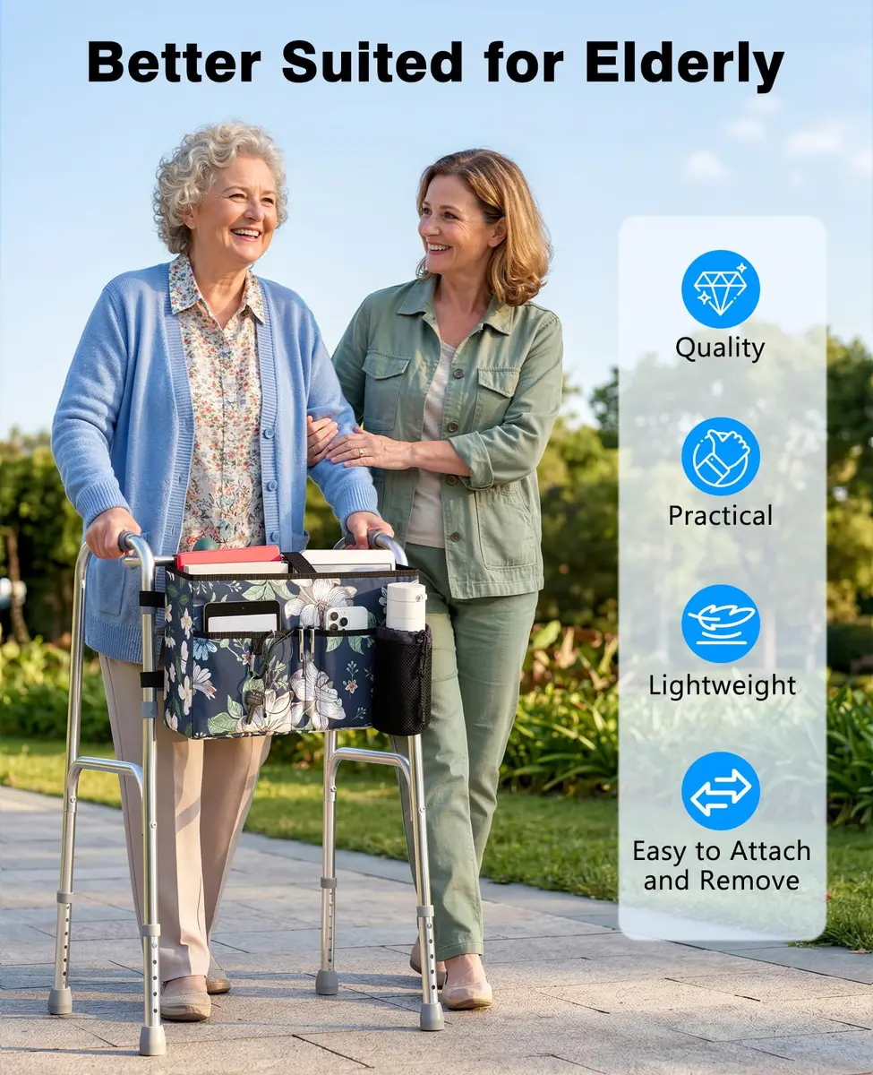 Rhino Valley Walker Basket with Cup Holder, Foldable Walker Bag for Seniors | Large Capacity & Adjustable Fit - view 6