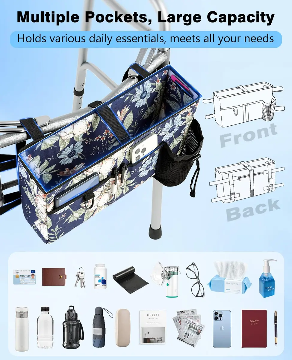 Rhino Valley Walker Basket with Cup Holder, Foldable Walker Bag for Seniors | Large Capacity & Adjustable Fit - view 2