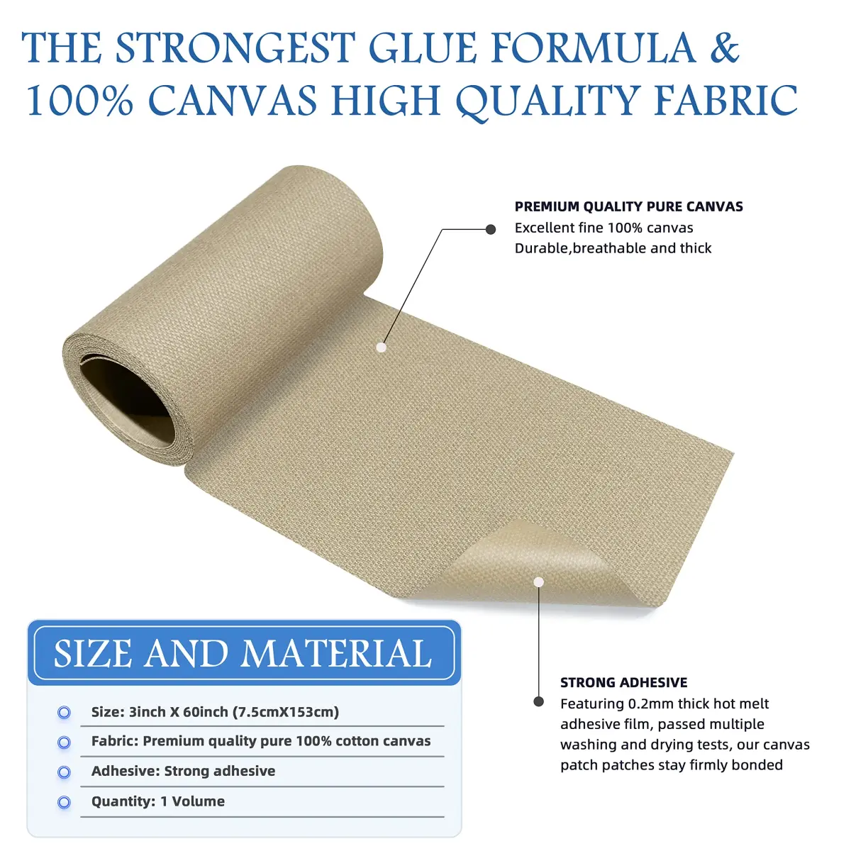 KING MOUNTAIN Canvas Iron-On Repair Patch 3"x60" (7.5x152cm) | Durable Cotton Fabric Mending Roll - view 2
